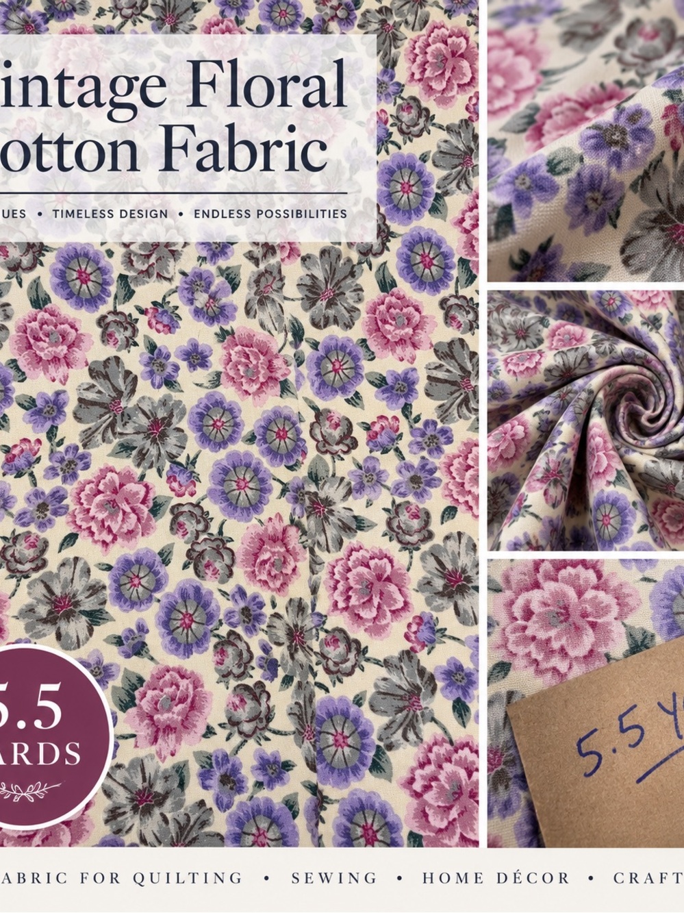 Vintage Floral Cotton Fabric - Pink & Purple Floral on Cream